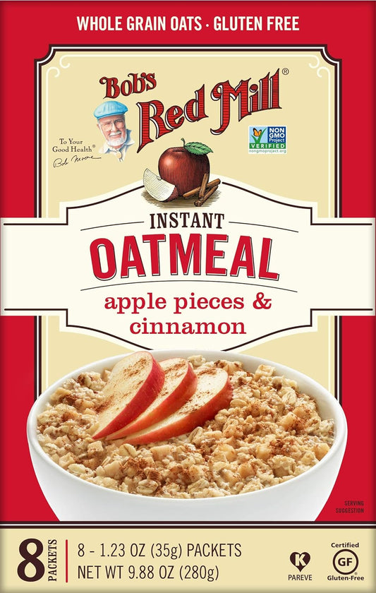 Bob's Red Mill Instant Oatmeal Packets, Apple Pieces & Cinnamon, 8 Packets Total (1 Box/8 Packets per Box), Non-GMO, Gluten Free, 100% Whole Grain