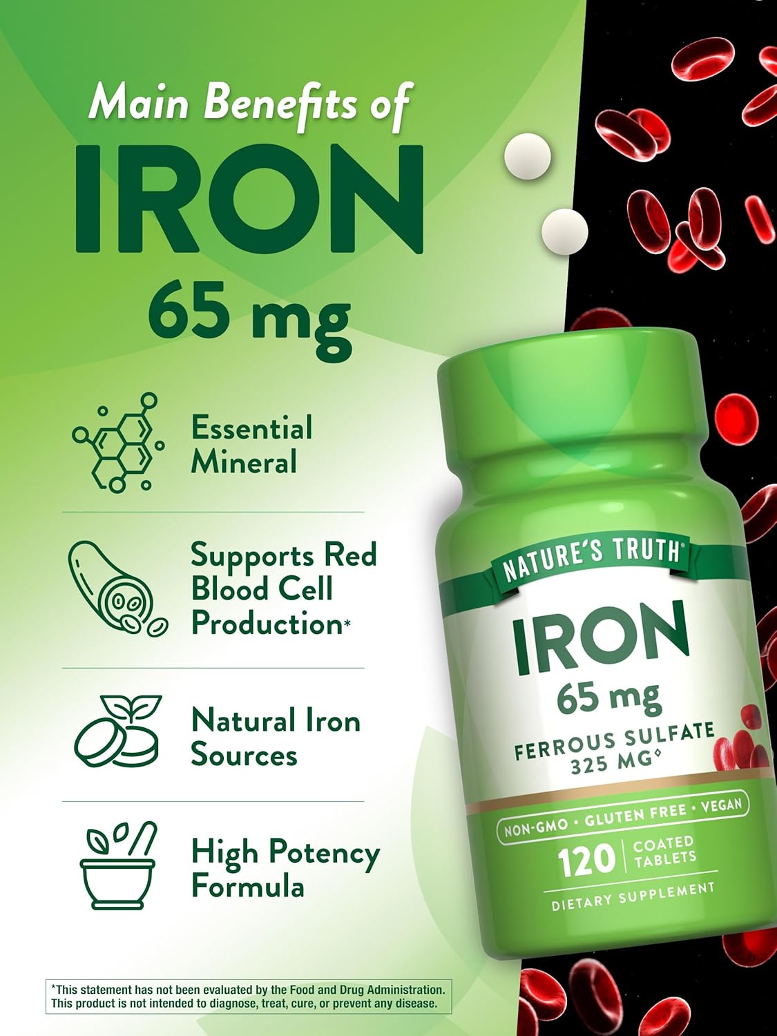 Nature's Truth Iron Supplement | 65mg | 120 Tablets | 325mg Ferrous Sulfate | Non-GMO & Gluten Free : Health & Household