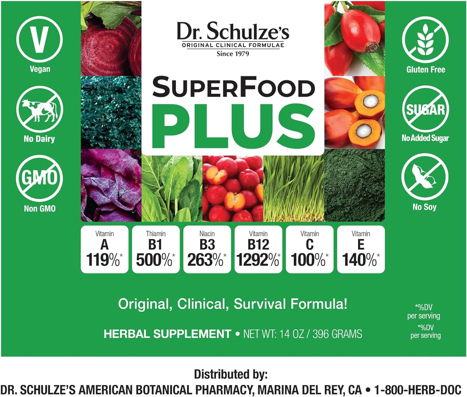 Dr. Schulze’s SuperFood Plus | Vitamin and Mineral Herbal Concentrate | Daily Nutrition | Gluten-Free and Non-GMO | Vegan | 14 Ounce Powder | Packaging May Vary : Health & Household