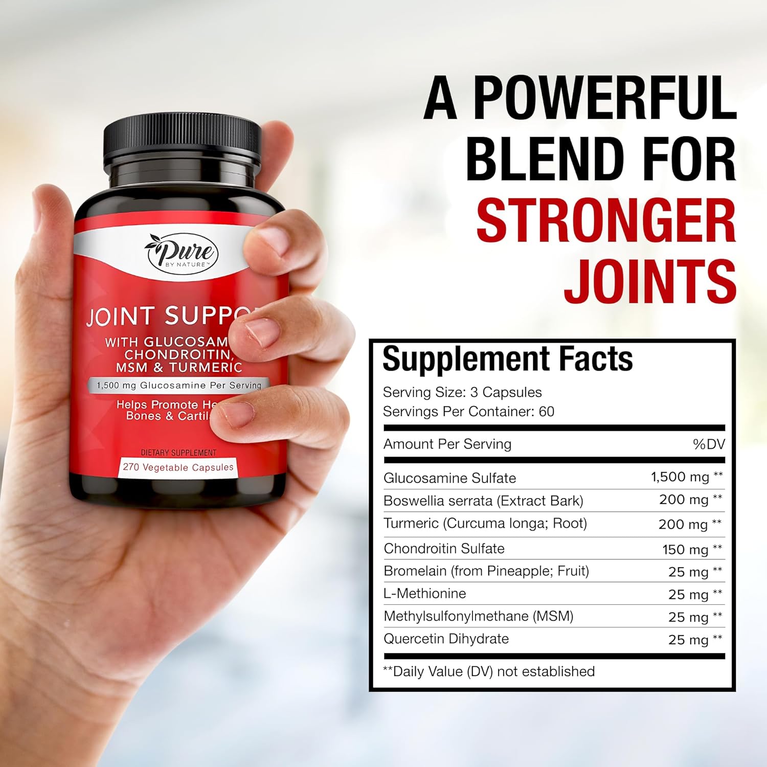 Pure By Nature Joint Support, Glucosamine With Chondroitin Turmeric Msm Boswellia Supplement, 270 Capsules : Health & Household