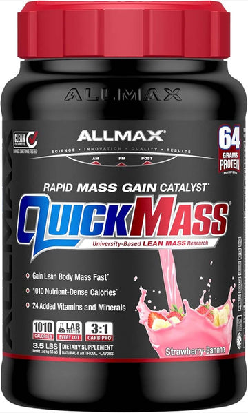 Allmax Quickmass, Strawberry Banana - 3.5 Lb - Rapid Mass Gain Catalyst - Up To 64 Grams Of Protein Per Serving - 3:1 Carb To Protein Ratio - Zero Trans Fat - Up To 24 Servings