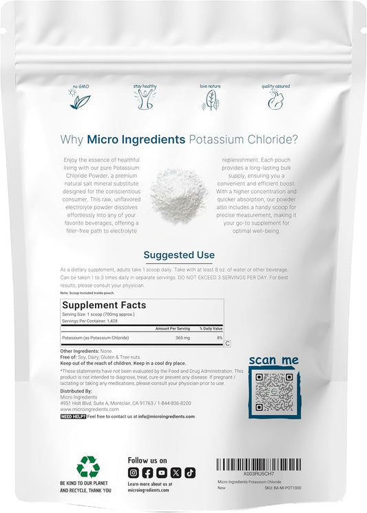 Potassium Chloride Powder, 1 Kg (35 Ounce) | Salt Substitute & Essential Hydration Electrolyte Supplement | Supports Mineral Balance, Heart, Joint, And Immune Health | Filler Free, Dissolves Easily