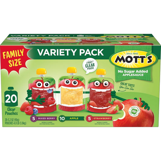 Mott'S No Sugar Added Applesauce Variety Pack, 3.2 Oz Clear Pouches, 20 Pack, Made From Real Fruit, Good Source Of Vitamin C, On-The-Go