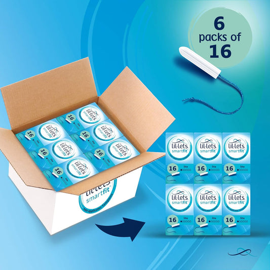 Lil-Lets Non-Applicator Lite Tampons X 96, (6 Packs of 16 Tampons), for Light Flow, 1 Droplet, Plant-Based, SmartFit™ Non-App Tampon