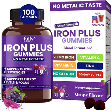 Iron Gummies Supplements For Adults (Women, Men) And Kids – Grape Flavor- Supports Anemia, Energy And Focus Levels – 100 Count