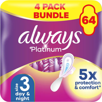 Always Platinum Extra Comfort Sanitary Towels, Size 3, Day And Night, Heavy Flow, 64 Pads With Wings (4 x 16 Packs) SAVING PACK, Leak Protection, Micro Cushions, Fit&Flex Core, Odour Neutraliser