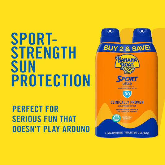 Banana Boat Sport Ultra Spf 30 Sunscreen Spray Twin Pack | Banana Boat Sunscreen Spray Spf 30, Spray On Sunscreen, Water Resistant Sunscreen, Oxybenzone Free Sunscreen Pack, 6Oz Each