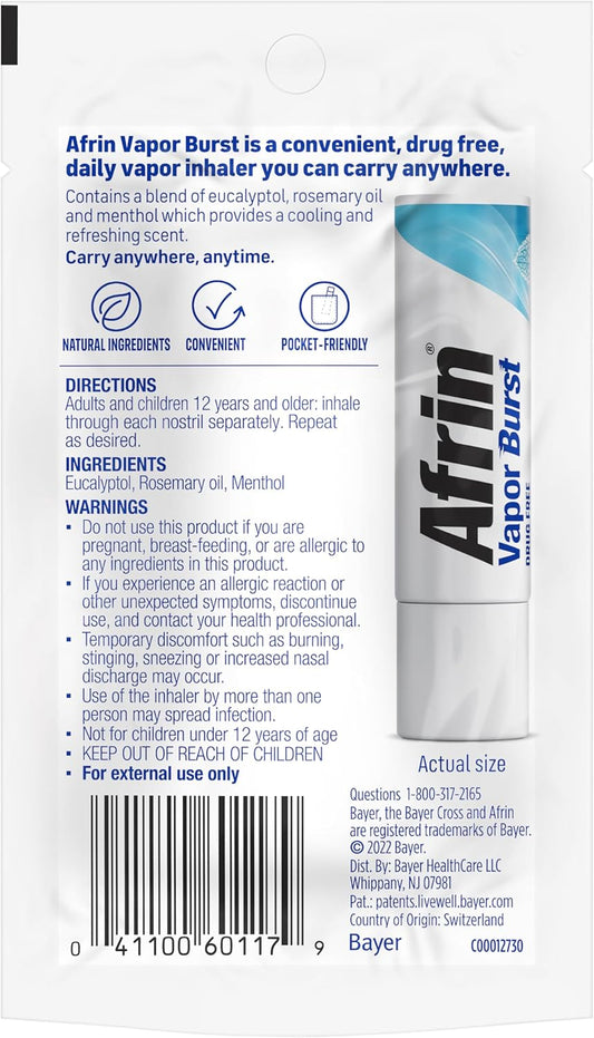 Afrin New Vapor Burst, On-The-Go Daily Inhaler, 100% Drug Free, Infused With Natural Eucalyptol, Rosemary Oil, And Menthol 0.8 Ml