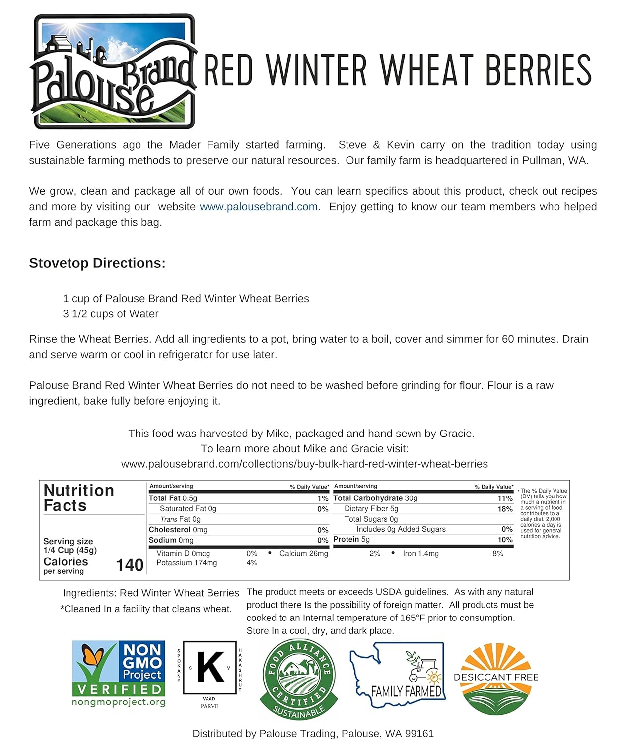 Hard Red Winter Wheat Berries | 4 LBS | Kraft Re-Sealable Bag | Desiccant Free | Sproutable | Non-GMO Project Verified | Kosher : Grocery & Gourmet Food