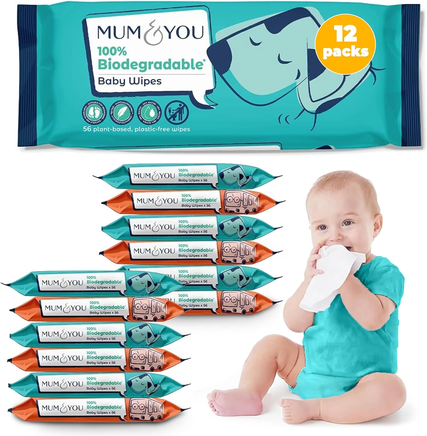 M&Y Mum & You Fragrance Free Eco-Friendly Biodegradable Baby Wipes Multipack - 1008 Wipes (18 X 56) Bulk | 99.4% Water, Hypoallergenic, Ultra Soft For Sensitive Newborn Skin - Bum Wipes, Wet Tissue