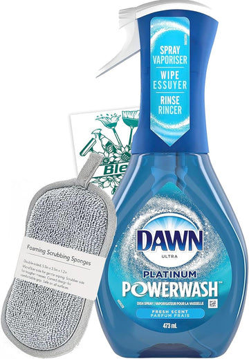 Bleam Blean Cleaning Set - Dawn Powerwash Spray 16 Oz - Fresh Scent Platinum Dish Soap - Double Side Multi-Purpose Microfiber Sponge Cleaning Tip Card - Set
