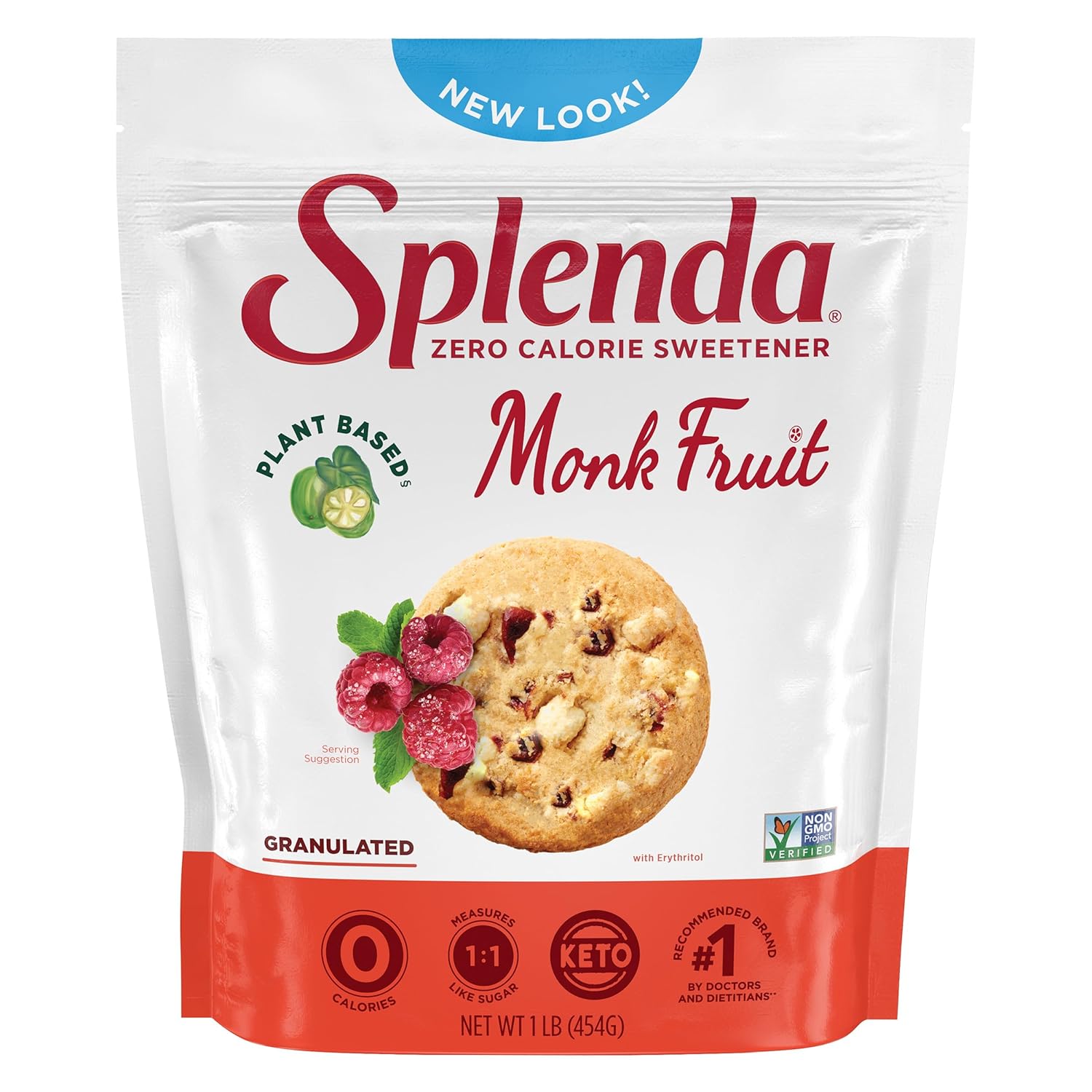 Splenda Monk Fruit Zero Calorie Plant Based Granulated Sweetener, 1 Pound Resealable Bag