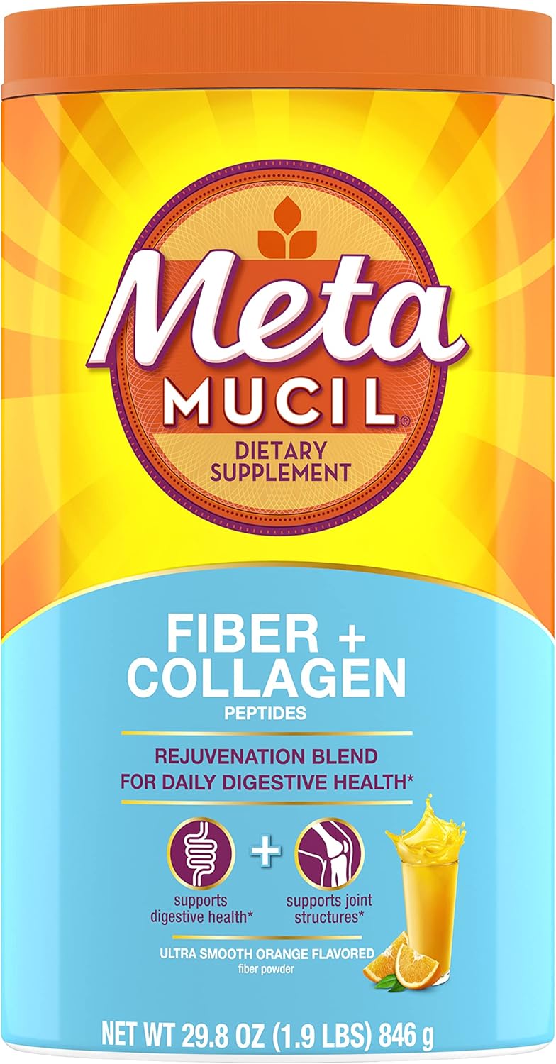 Metamucil Daily Fiber + Collagen, Psyllium Husk Powder, Plant Based Fiber Supplement, Sugar-Free With Stevia, 3-In-1 Fiber Supplement For Digestive Health, Orange Flavored, 90 Doses