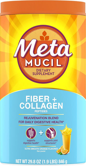 Metamucil Daily Fiber + Collagen, Psyllium Husk Powder, Plant Based Fiber Supplement, Sugar-Free With Stevia, 3-In-1 Fiber Supplement For Digestive Health, Orange Flavored, 90 Doses