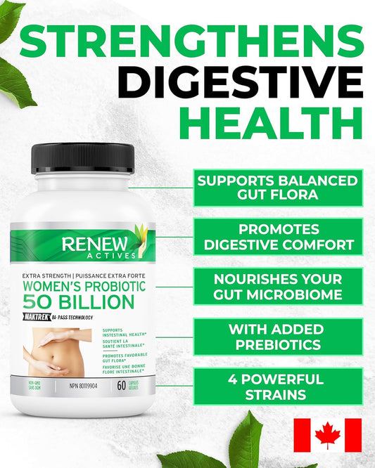 Renew Actives Probiotics For Women 50 Billion Cfu Per 2 Capsules – Maktrek Technology, 4 Probiotic Strains & Prebiotic Blend– Supports Digestion Health & Gut Flora Balance– Made In Canada– 60 Capsules