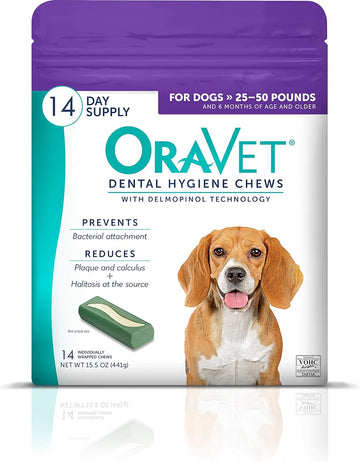 ORAVET Dental Chews for Dogs, Oral Care and Hygiene Chews (Medium Dogs, 25-50 lbs.) Purple Pouch, 14 Count