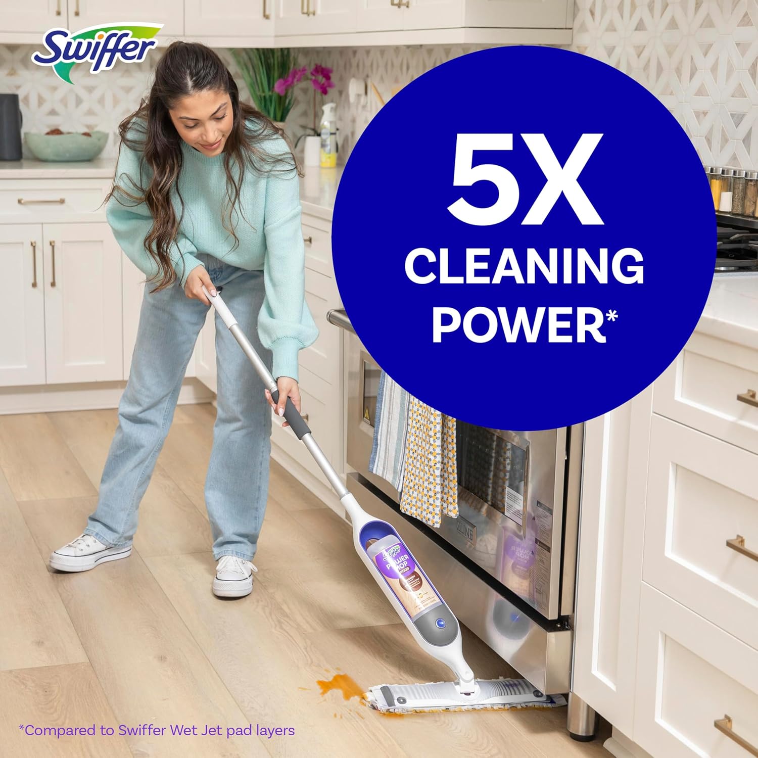 Swiffer Powermop Wood Mop Kit For Wood Floor Cleaning, Quickdry Solution With Lemon Scent, Mopping Kit Includes Powermop Wood, 2 Mopping Pad Refills
