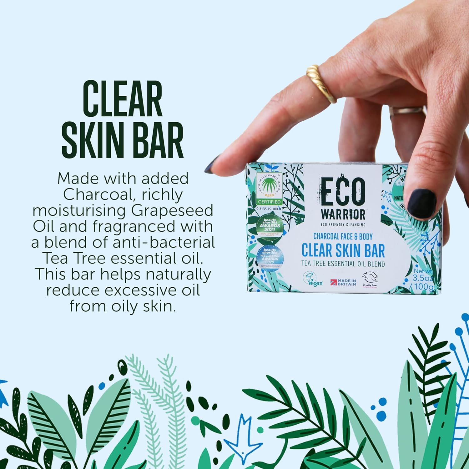 Eco Warrior Charcoal Clear Skin Soap Bar | Vegan, Cruelty-Free, eco friendly, Natural | Moisturising Charcoal, Grapeseed, and Anti-Bacterial Tea Tree Essential Oils | No SLS or Parabens | 100g : Amazon.co.uk: Beauty