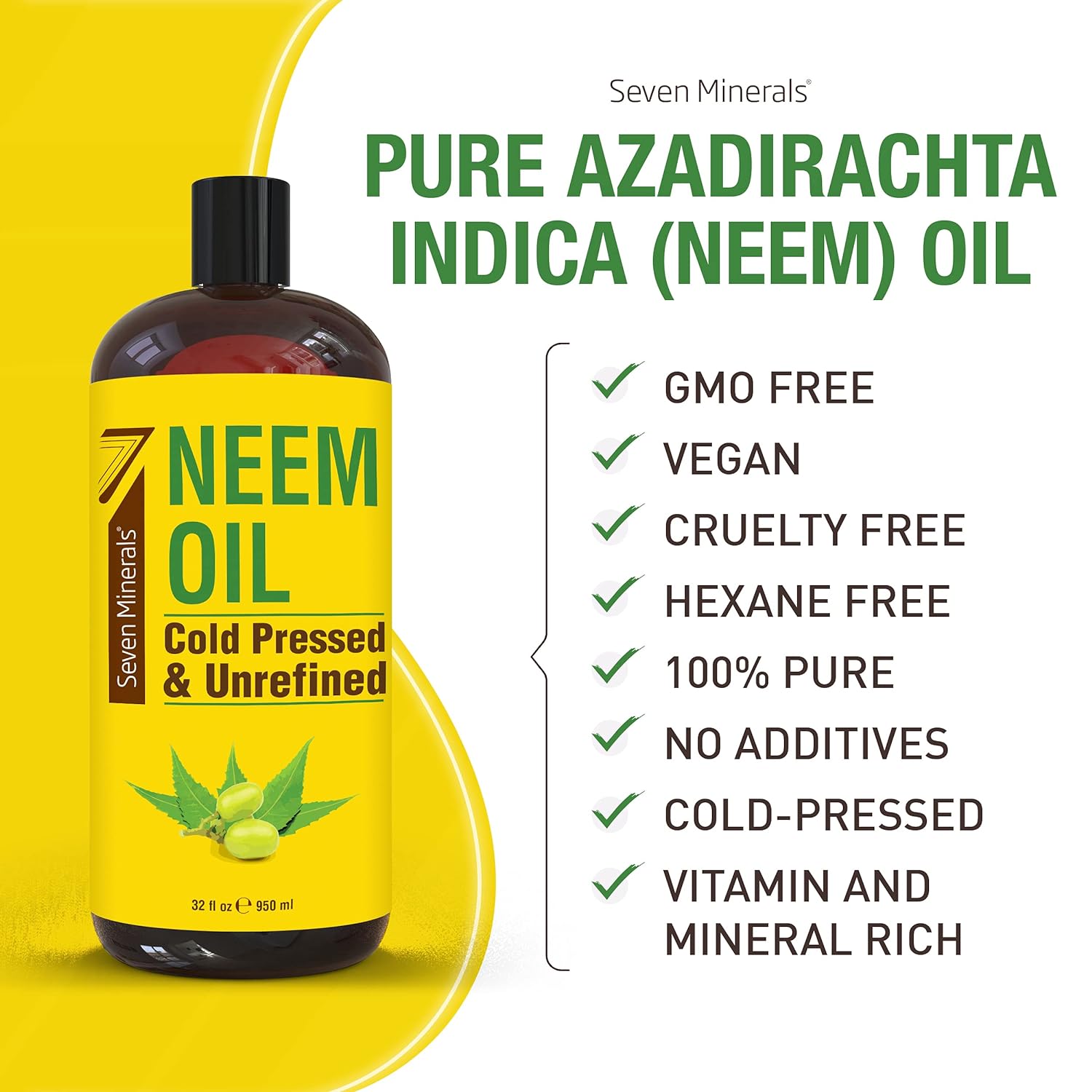 Pure Cold Pressed Neem Oil - Big 32 fl oz Bottle - Non-GMO, Hexane Free, 100% Pure Neem Oil for Plants Spray, Skincare, & Haircare. Treats Dry Skin, Wrinkles, & Promotes Healthy Hair Growth : Beauty & Personal Care