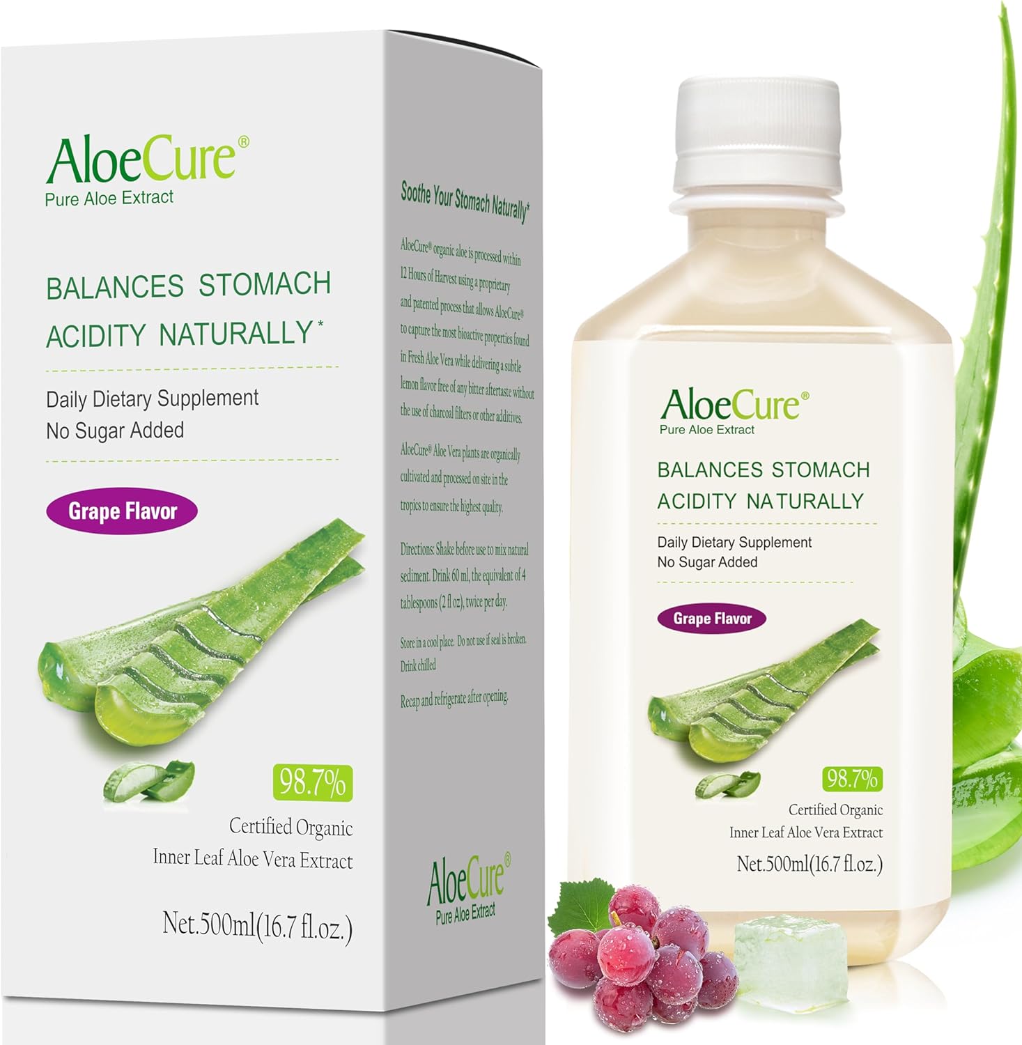 AloeCure USDA Organic Aloe Vera Juice Grape Flavor, Made Within 12 Hours of Harvest - Pure Aloe Juice For Natural Digestive & Immune Support, Naturally Supports Balanced Stomach Acidity, 16.7oz Bottle