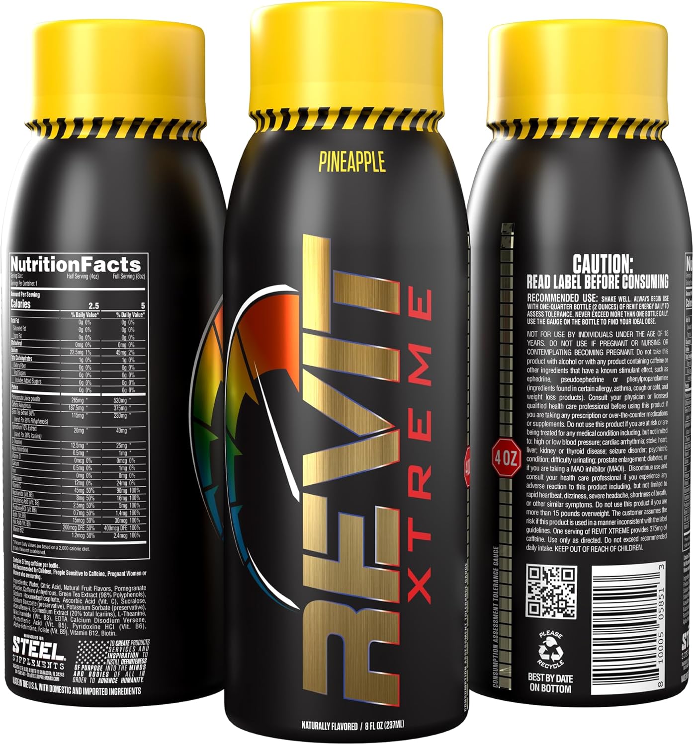Buy Steel Revit Xtreme Energy Drink Pineapple 8Oz (12-Pack) | 375Mg Caffeine, 7 Essential Vitamins| Sugar-Free, Resealable Cap, All-Day Energy On  Free Shipping On Qualified Orders