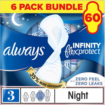 Procter & Gamble Always Infinity Night Sanitary Towels Wings Pads Revolutionary Technology, Always Comfort and Protection, Size 3, Pack of 6, 60 pads