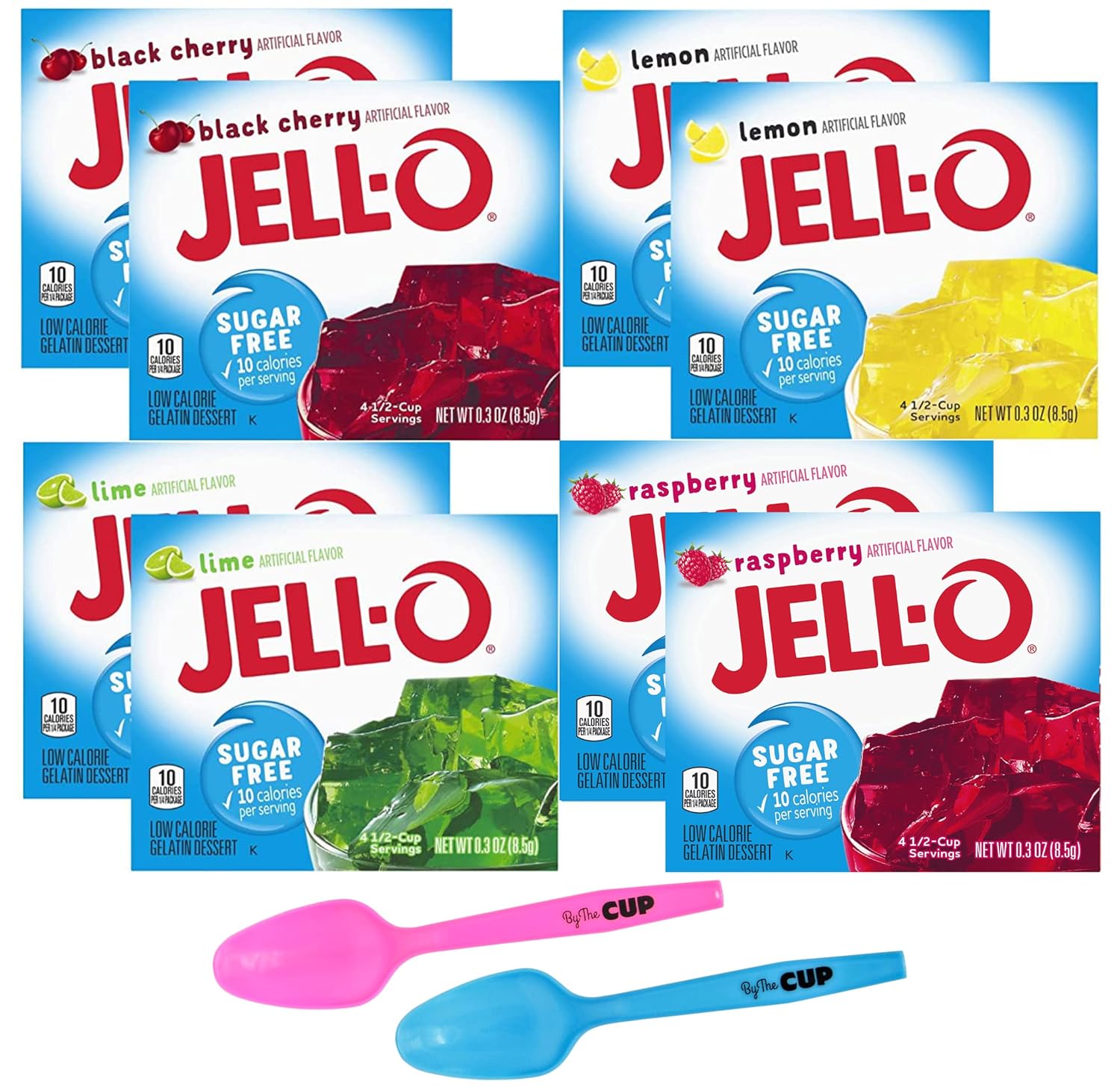 Jell-O Sugar Free Gelatin Variety Pack, Raspberry, Lemon, Lime, and Black Cherry, 0.3 Ounce, 2 of each with By The Cup Mood Spoons