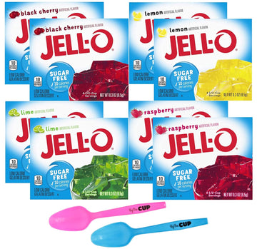 Jell-O Sugar Free Gelatin Variety Pack, Raspberry, Lemon, Lime, and Black Cherry, 0.3 Ounce, 2 of each with By The Cup Mood Spoons