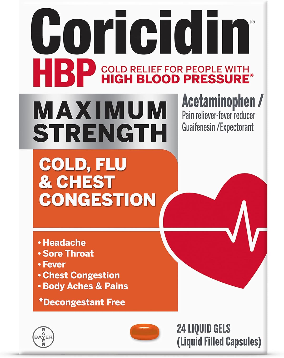 Coricidin Hbp, Decongestant-Free Cold Symptom Relief For People With High Blood Pressure, Maximum Strength, Flu & Chest Congestion Liquid Gels, 24 Count