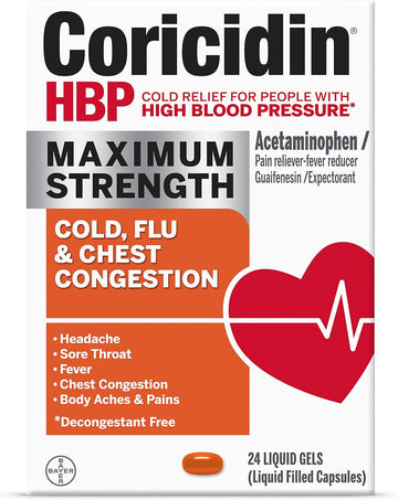 Coricidin Hbp, Decongestant-Free Cold Symptom Relief For People With High Blood Pressure, Maximum Strength, Flu & Chest Congestion Liquid Gels, 24 Count
