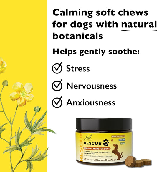 Rescue Pet Chews For Dogs, 60 Soft Chews, Behavioral Health Supplement For Dogs With Chamomile, Passionflower & Valerian, Soothes Stress, Nervousness & Anxiousness