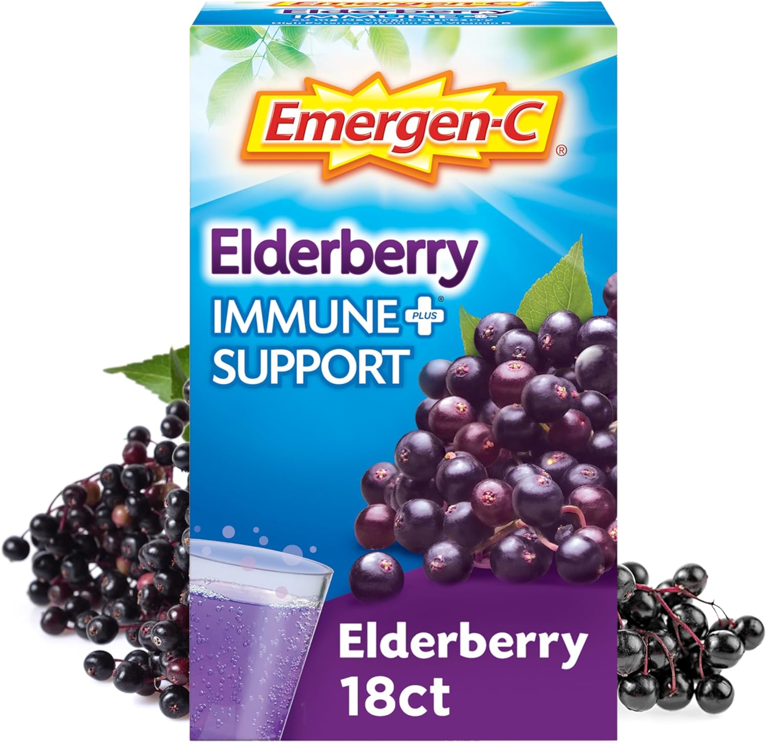 Emergen-C Immune+ Vitamin C 1000mg (18 Count, Elderberry) Dietary Supplement Fizzy Drink Mix Powder Packets