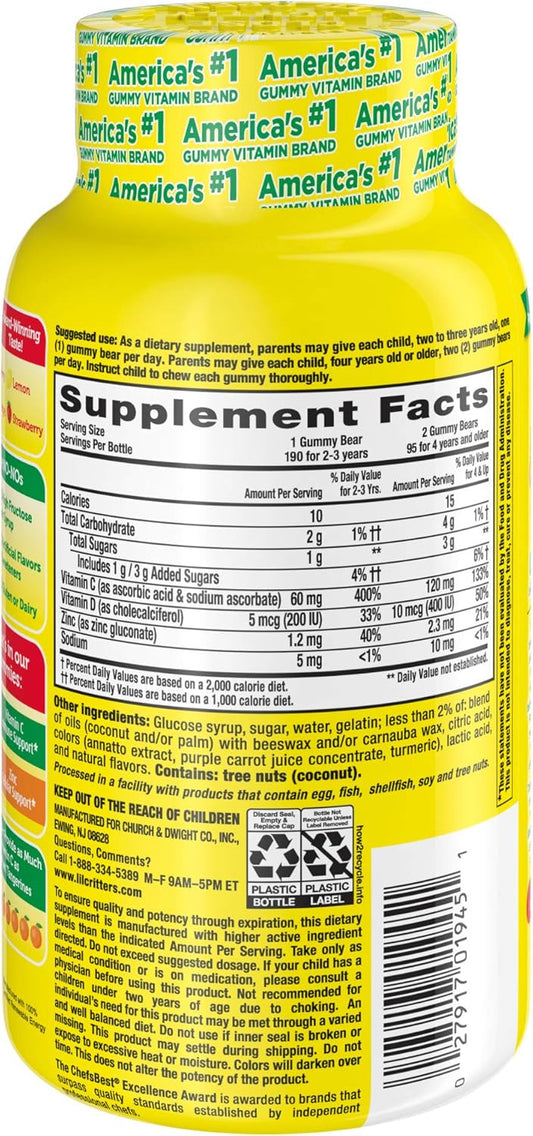 L'il Critters Kids Immune C Gummy Supplement with Vitamin C, Zinc and Vitamin D3 for Immune Support, 190 ct (95-190 day supply), 4 delicious avors from America’s Number One Gummy Vitamin Brand