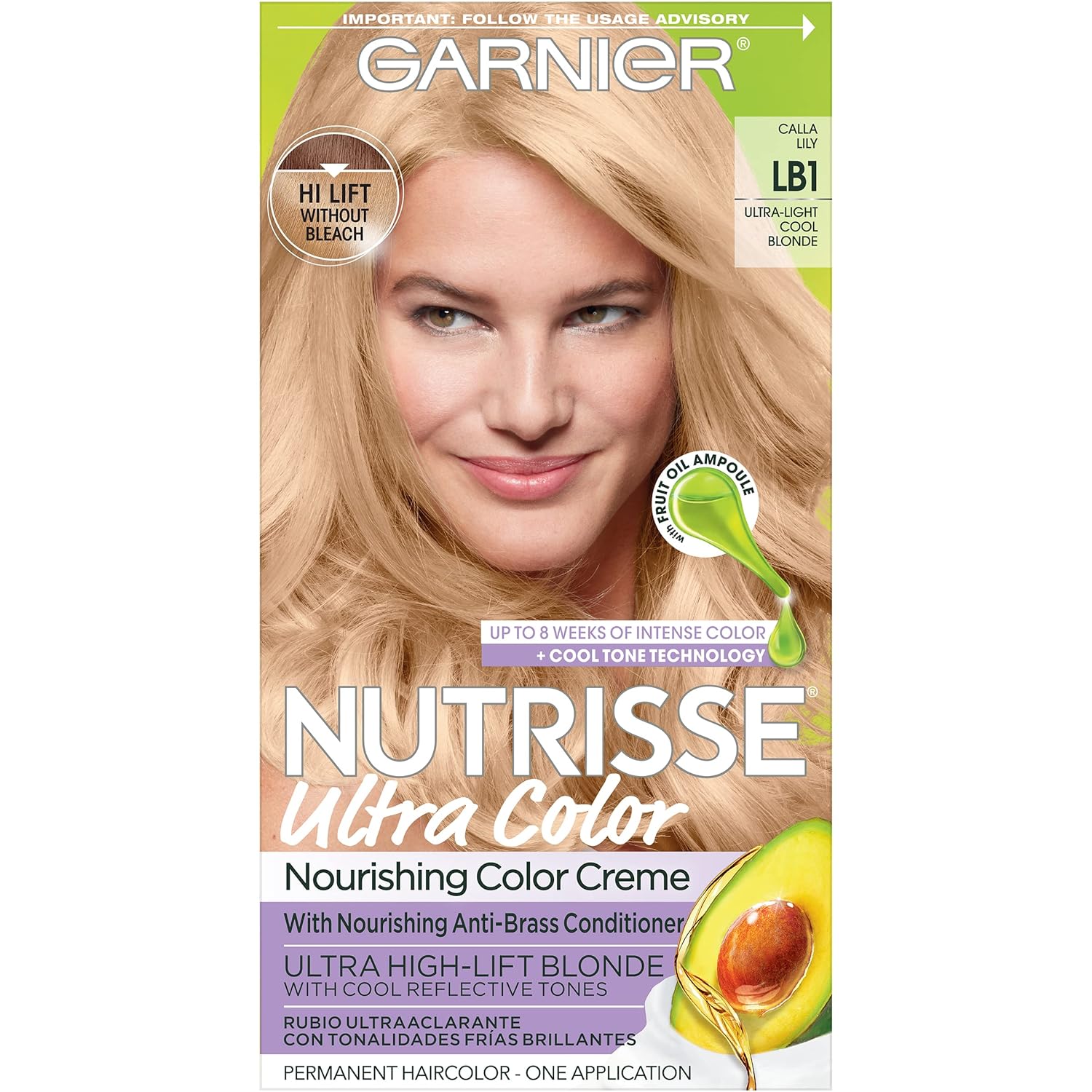 Garnier Hair Color Nutrisse Ultra Color Nourishing Creme, Lb1 Ultra Light Cool Blonde (Calla Lily) Permanent Hair Dye, 1 Count (Packaging May Vary)