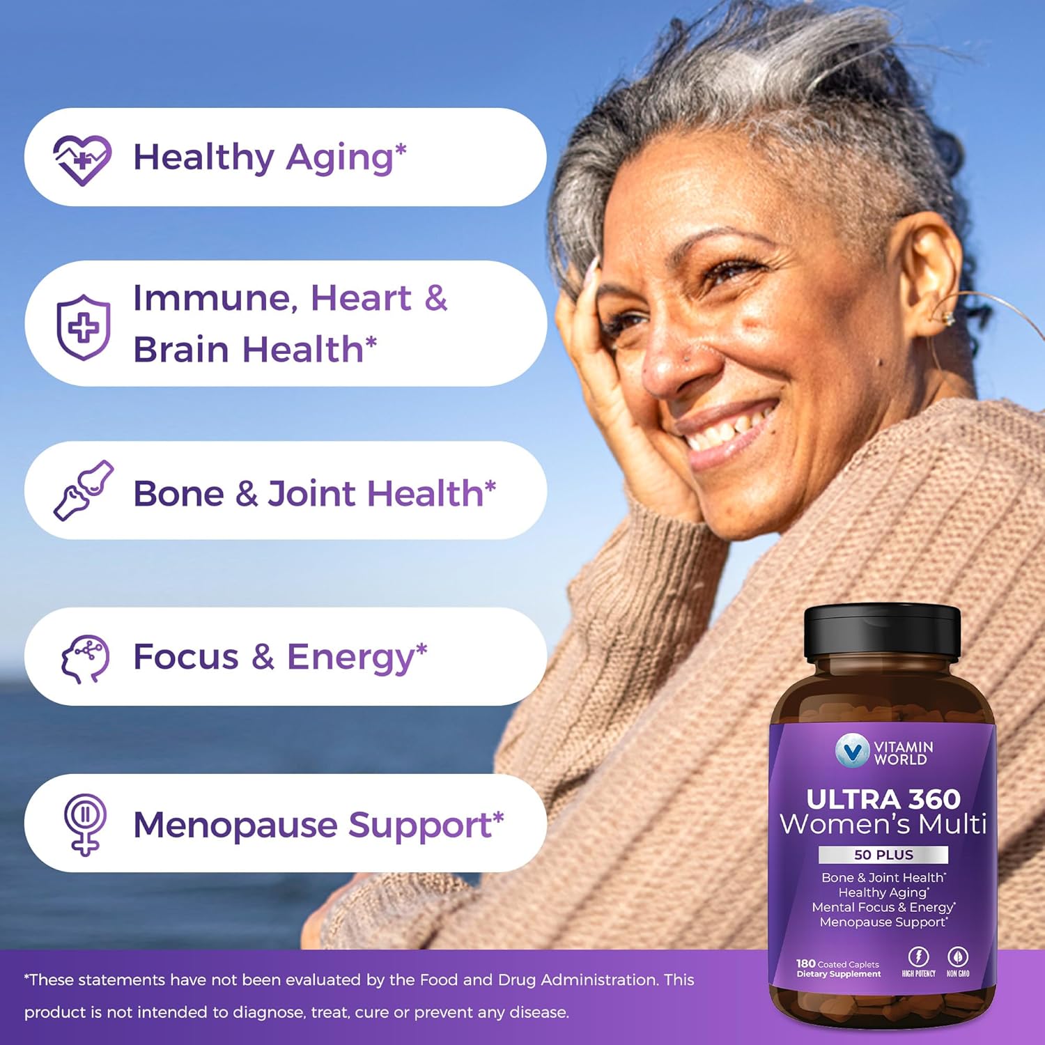 Vitamin World Ultra 360 Multivitamin For Women 50 Plus, Women'S 50+ Multivitamin With Minerals & Herbs For Menopause Support, Supplement With Vitamin B, D, E & Zinc For Healthy Aging, 180 Caplets