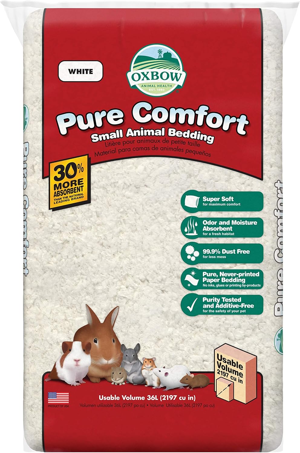 Oxbow Pure Comfort Small Animal Bedding - Odor & Moisture Absorbent, Dust-Free Bedding For Small Animals, White, 36 Liter Bag, 15.0" L X 8.7" W X 3.5" Th