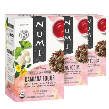 Numi Organic Damiana Focus Tea With Gingko, Lion'S Mane & Hibiscus (Pack Of 3), 16 Count Herbal Tea Bags