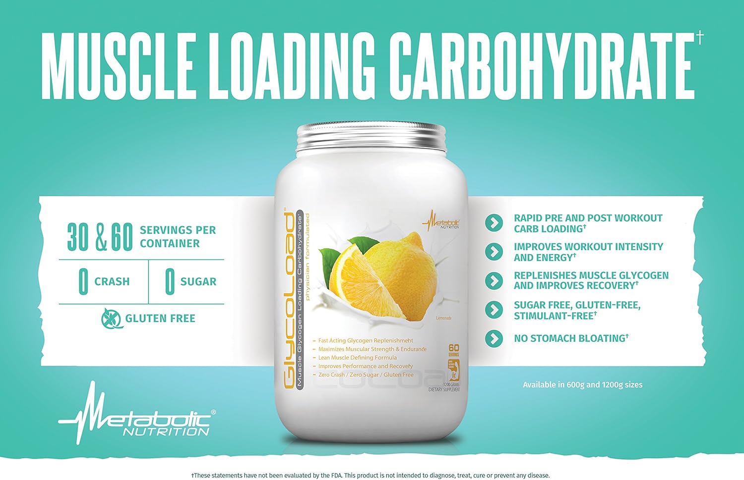 Metabolic Nutrition, Glycoload, 100% Micronized Cyclic Cluster Dextrin Carbohydrate Powder, Muscle Glycogen Loading Carbohydrate, Pre Intra Post Workout Supplement, Lemonade, 600 Gm (30 Ser) : Health & Household