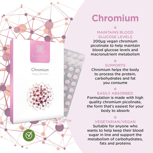 Healthspan Chromium | Helps To Maintain Blood Glucose Levels | 360 Tablets | 200µg Chromium Picolinate | Supports Macronutrient Metabolism | Easy To Absorb | Vegan Friendly