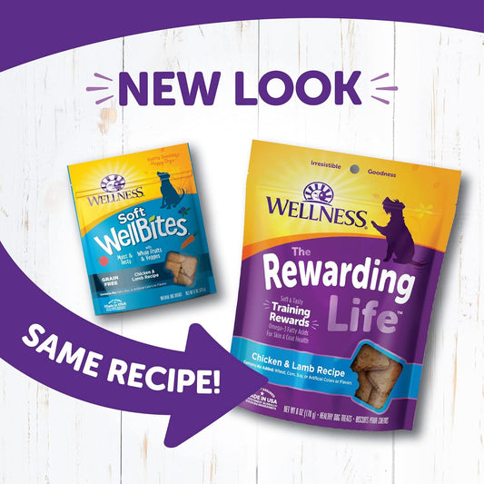 Wellness Rewarding Life Grain-Free Soft Dog Treats, Made In Usa With Healthy Ingredients, Ideal For Training (Chicken & Lamb Recipe, 6-Ounce Bag)