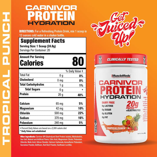 Musclemeds Carnivor Protein Hydration Drink Powder, 20G Refreshing Protein Isolate, Lactose Free, Sugar Free, Electrolytes, Muscle Building, Recovery, Halal Certified, Tropical Punch, 20 Serve