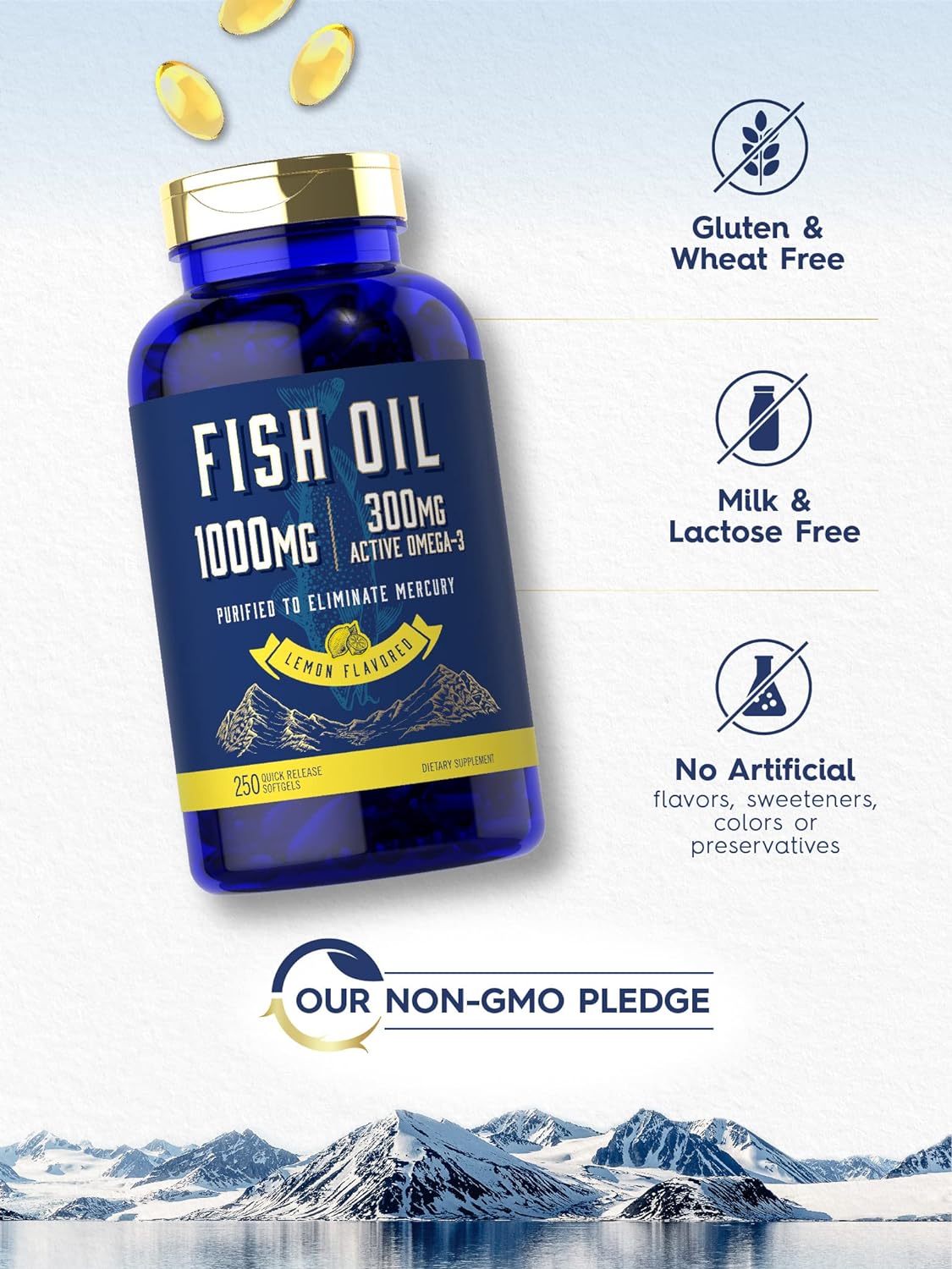 Fish Oil 1000mg | 300mg Omega 3 | 250 Count | Non-GMO and Gluten Free 