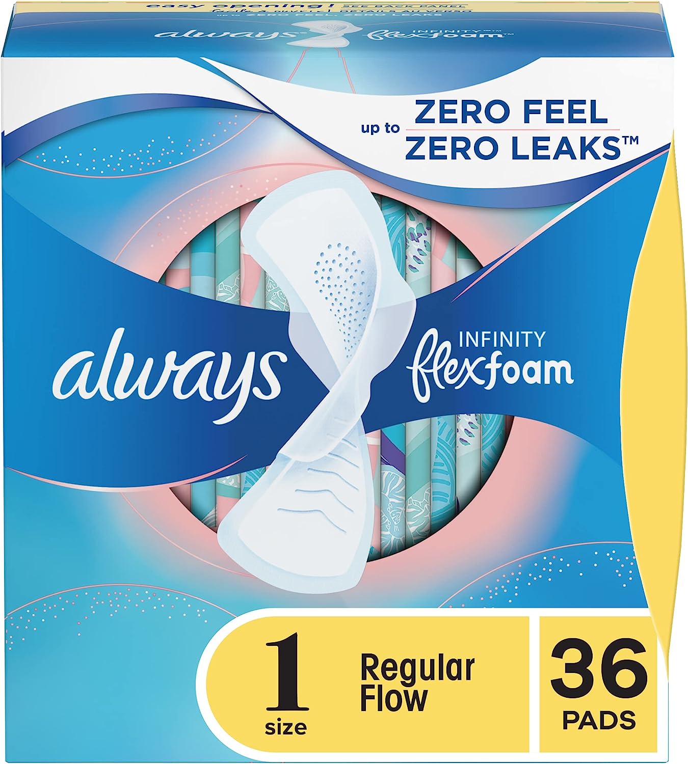 Always Infinity Feminine Pads For Women, Size 1 Regular Absorbency, With Wings, With Flexfoam, Unscented, 36 Count