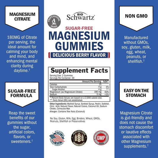 Sugar Free Magnesium Gummies (30 Servings) Berry Flavored Magnesium Citrate Supplement Supports Healthy Nerves Muscles Energy Calm Mood And Sleep For Adults And Kids (Vegan Safe, Non Gmo, 60 Gummies)