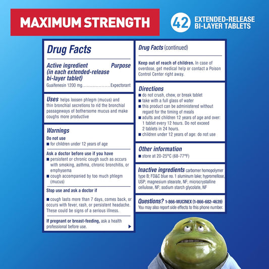 Mucinex 12 Hour Maximum Strength 1200 Mg Guaifenesin Extended-Release Tablets For Excess Mucus Relief, Expectorant Aids Excess Mucus Removal, Chest Congestion Relief, 42 Tablets