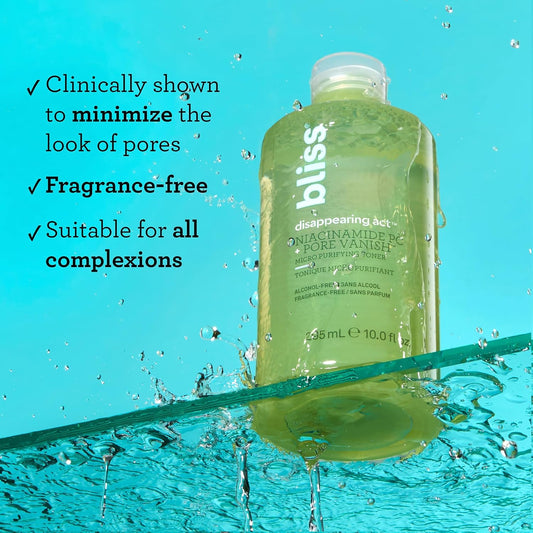 Bliss Disappearing Act Niacinamide Toner Pore Vanish Complex Purifies Pores All Skin Types Fragrance Free Clean Cruelty Free Vegan 300 ml