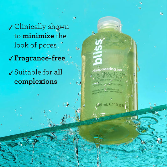 Bliss Disappearing Act Niacinamide Toner Pore Vanish Complex Purifies Pores All Skin Types Fragrance Free Clean Cruelty Free Vegan 300 Ml