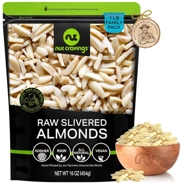 Nut Cravings - Raw Slivered Almonds, Unsalted, (16Oz - 1 Lb) Packed Fresh In Resealable Bag - Nut Snack - Healthy Protein Food, All Natural, Keto, Vegan, Kosher Ideal For Trail Mixed Nuts