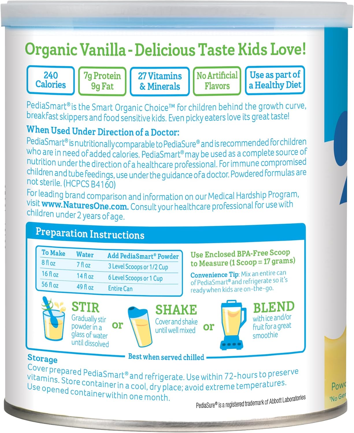 Pediasmart Dairy Vanilla Complete Nutrition Beverage Powder Mix, Non Gmo, Usda Organic, Clean Label Project Verified, 12.7 Oz, Pack Of 6