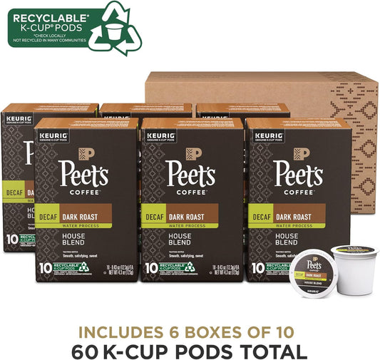 Peet's Coffee, Dark Roast Decaffeinated Coffee K-Cup Pods for Keurig Brewers - Decaf House Blend 60 Count (6 Boxes of 10 K-Cup Pods)